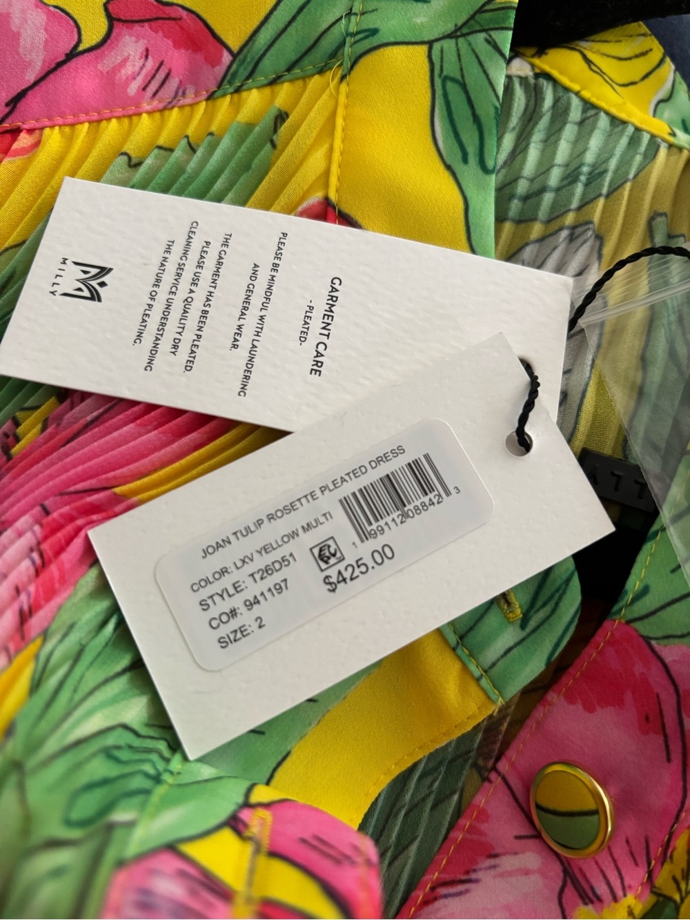 Milly Joan Tulip Rosette Dress | Pleated | Floral | Bright | Yellow - Picture 9 of 10